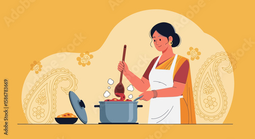 Indian Woman Cooking Traditional Food At Home In Her Kitchen Isolated