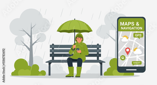 Man Sitting On Park Bench Holding Smartphone With Navigation App Displayed On Rainy Day
