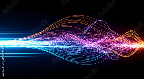 Abstract glowing wave of particles and lines, digital data flow and energy concept.
