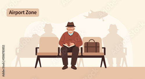 Senior Man Reading Book At Airport Waiting Area Before Boarding Flight