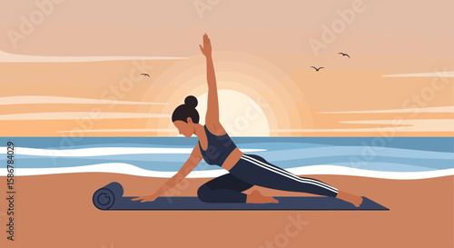 Serene Beach Workout: Woman Practicing Yoga During A Beautiful Sunset