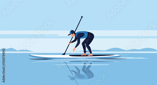 Man Stand Up Paddling On Peaceful Blue Water Vector Illustration
