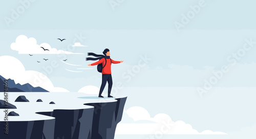 Man Stands At Cliff Edge Feeling Strong Wind And Freedom Adventure