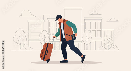Man Traveling Abroad With Luggage, Passport In Hand And Urban Landscape