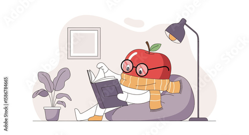 Red Apple Character Reading On Beanbag Chair Under Lamp Illustration