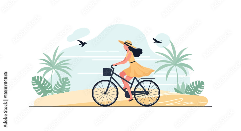 Fototapeta premium Serene Woman Cycling By The Coast In Summer Vacation And Relaxing Moment