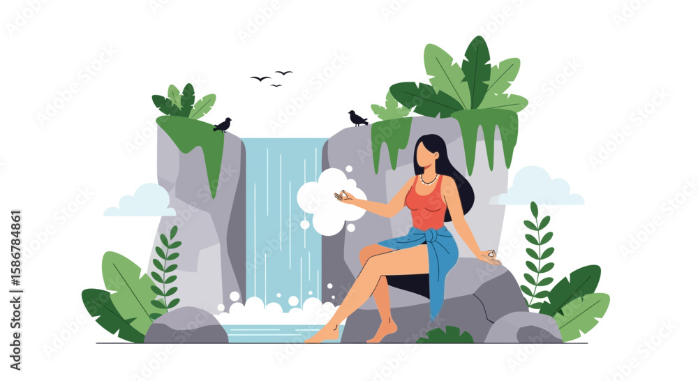 Fototapeta premium Serene Woman Meditating By Waterfall In Lush Green Natural Landscape