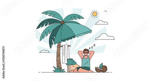 Peaceful Beach Vacation Illustration With Resting Man Under Palm Tree