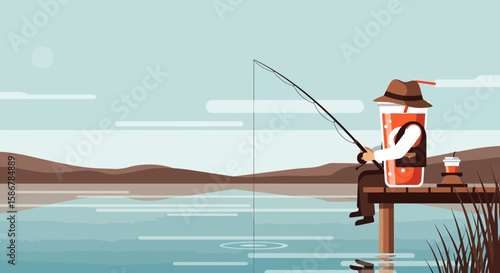 Refreshing Beverage On A Fishing Trip Flat Illustration Style And Peaceful Lake View