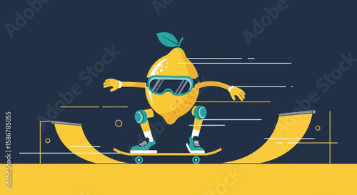 Skateboarding Lemon: Cool Fruit Character Doing Tricks on Ramp