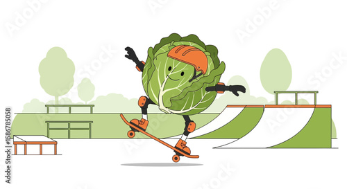 Skateboarding Cabbage Having Fun In The City Park With Skate Ramps Illustration