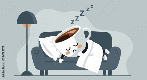 Sleeping Coffee Cup Character Needs A Break On The Couch After Long Day