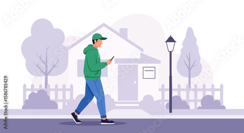Man Using Mobile Phone While Walking In Residential Neighborhood Outdoors