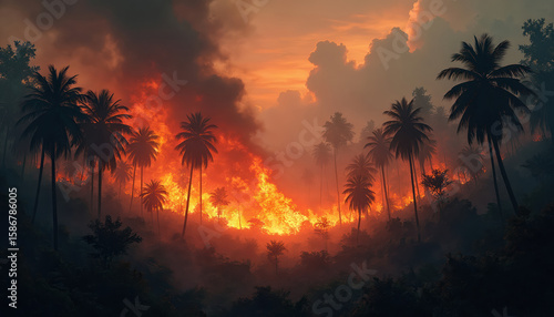 Fototapeta Naklejka Na Ścianę i Meble -  Devastating jungle fire engulfs palm trees with intense flames. Smoke billows into sky under dramatic orange sunset. Scene captures nature destructive power, environmental hazard, and urgent danger.