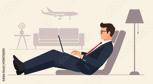 Relaxed Business Man Working On Laptop At Home With Plane Flying By