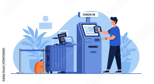 Man Using Self Service Check In Kiosk At Airport Before Flight