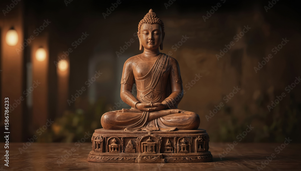 Fototapeta premium Serene wooden statue of Buddha in meditation pose. Intricate carvings of temples, symbols adorn base. Warm lighting, soft focus create peaceful spiritual atmosphere, perfect for themes of religion,