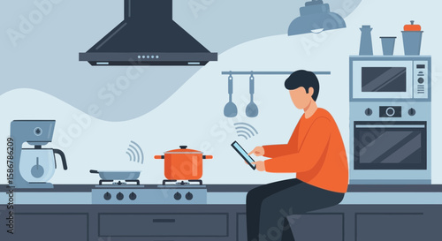 Smart Home Technology Man Using Tablet In An Automated Connected Kitchen