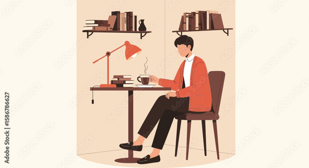 Fototapeta premium Relaxed Reading: A Man Enjoying Coffee and Books in a Cozy Room