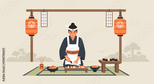 Japanese Chef Preparing Sushi With Traditional Ambiance And Lanterns Illustration