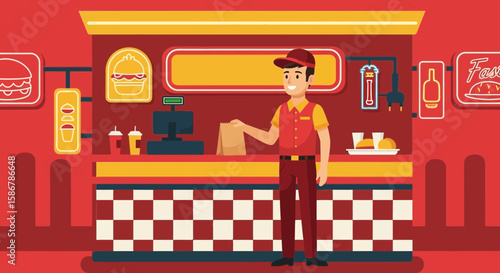 Smiling Employee Serving Food In An Animated Fast Food Establishment