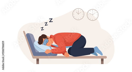 Jet Lagged Man Sleeping In Airport Lounge Chair In Different Time Zones