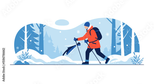 Man Walking With Sticks Through A Snowy Winter Forest Illustration