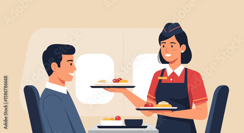 Smiling Flight Attendant Serving Meal to Passenger on Airplane Travel