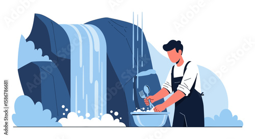 Man Washing Dishes With A Waterfall Background In Nature Environment