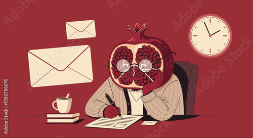 Pensive Pomegranate Writer Composing Letters At Desk In Monochromatic Office Space