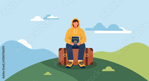 Journey Awaits: Young Man Sits On Suitcase Holding Passport Ready To Travel