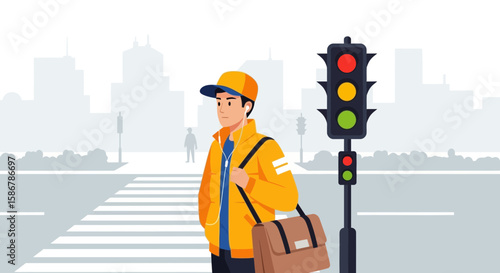Man Wearing Earphones And Carrying Bag Waits To Cross At A Zebra Crossing