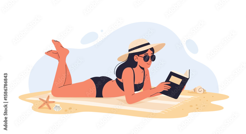 Obraz premium Relaxing Beach Read Girl In Swimsuit With Hat And Sunglasses In Sunny Day