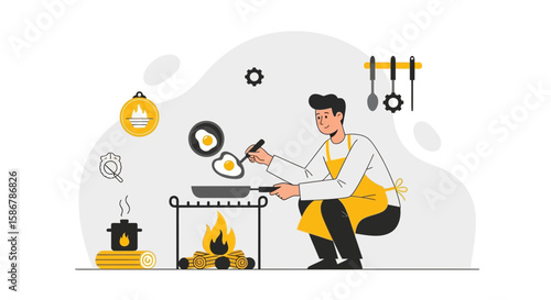 Joyful Breakfast Preparation Outdoor Scene with Campfire And Man Wearing Apron