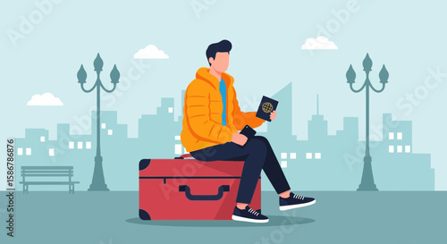 Man With Luggage Sitting In The City Holding His Passport Ready To Travel