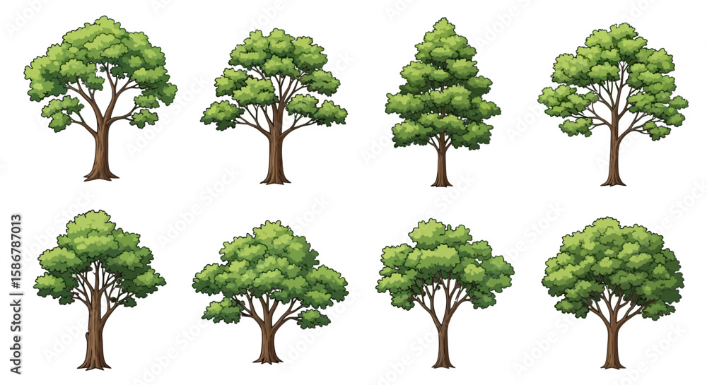 Fototapeta premium Diverse Cartoon Trees Vector Collection