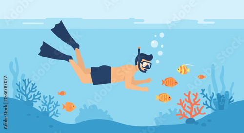 Snorkeling Adventure: Man Exploring Underwater World With Tropical Fish