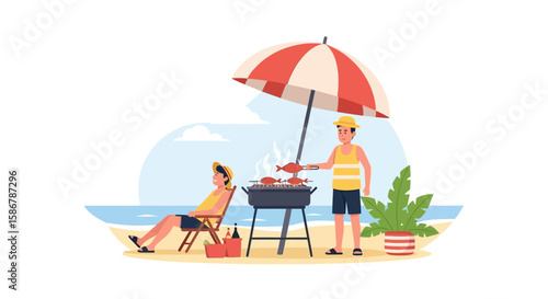 People Relaxing At Beach With Grill And Enjoying Summer Holiday Vacation