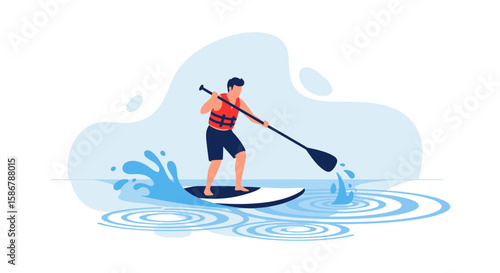 Person Enjoying Stand Up Paddle Boarding Activity On Tranquil Lake