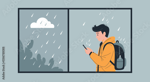 Person Looking At Smartphone On A Rainy Day Seen Through The Window