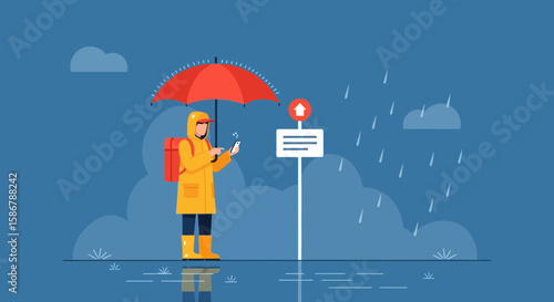 Person Navigating In Rainy Weather Using Mobile Phone With Umbrella