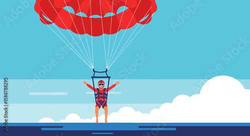 Person Parachuting From The Sky Flat Vector Design Illustration Graphic