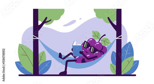 Relaxing Grapes Character With Sunglasses Reading Book In A Hammock