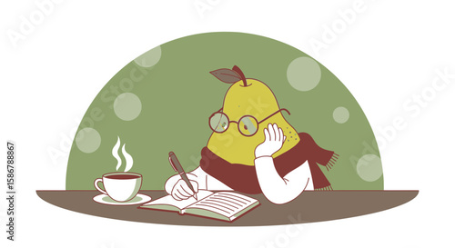 Philosophical Pear Enjoying Coffee And Writing In Its Journal Illustration