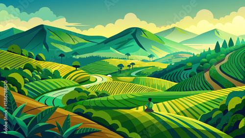 Nuwara Eliya Tea Fields, Central Province, Sri Lanka – Bright green terraces twist over hills. Distant peaks rise into the mist., adding human warmth to this vector view.