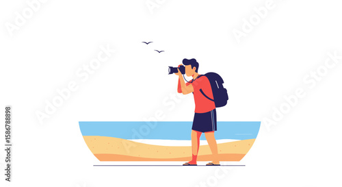 Photographer Capturing Coastal Scenery During Summer Vacation Outdoor Exploration