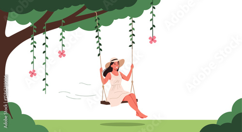 Joyful Woman Enjoying A Swing Surrounded By Nature On A Sunny Day