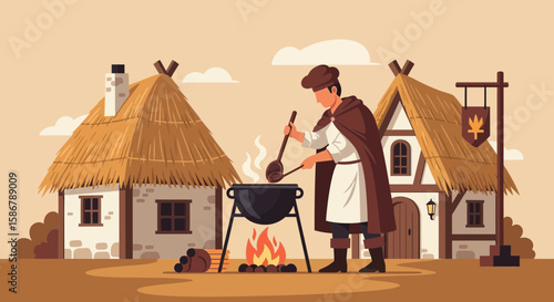 Medieval Village Scene Featuring A Cook Preparing Food Over An Open Fire