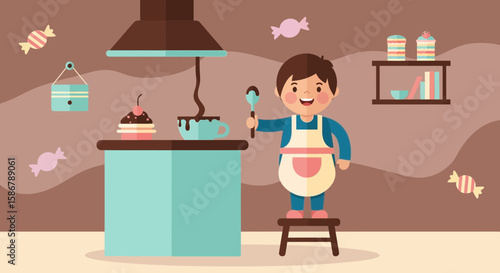 Joyful Young Boy Baking Delicious Treats In A Charming Kitchen Setting