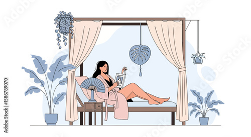 Relaxing Moment Reading Book On Daybed Surrounded With Plants Minimalistic Illustration